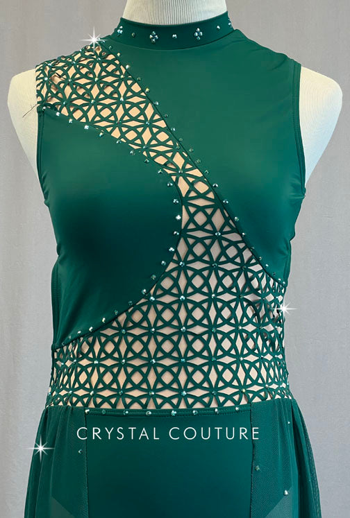 Dark Green Leotard with Geometric Cutouts and Back Skirt - Rhinestones