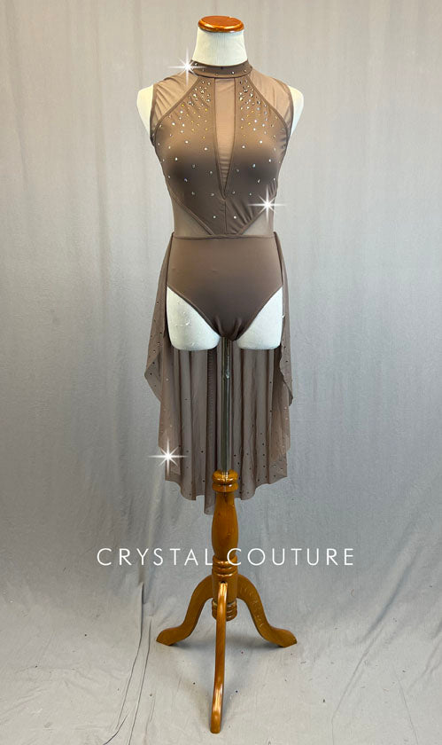 Taupe Cap Sleeve Leotard with Mesh Inserts and Back Skirt - Rhinestones