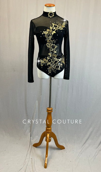 Black Mock Neck Leotard with Mesh and Gold Appliques - Rhinestones