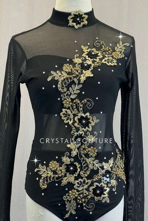 Black Mock Neck Leotard with Mesh and Gold Appliques - Rhinestones