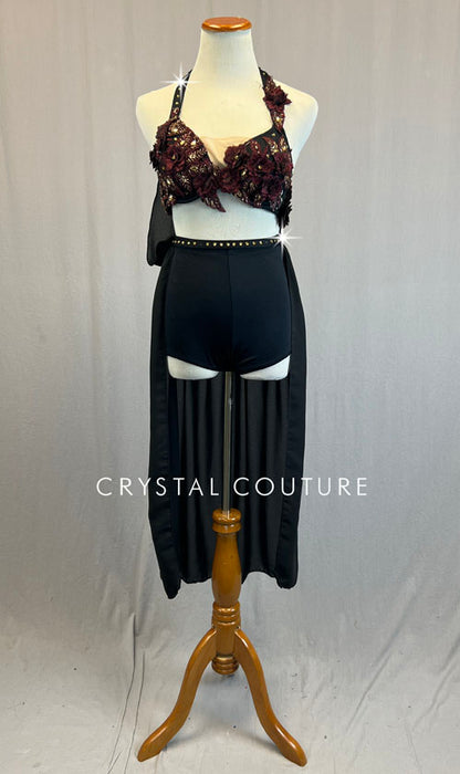 Custom Black Two Piece with Draped Cape and Appliques - Rhinestones