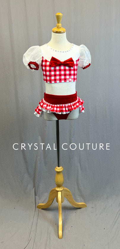 Custom White, Red & Pink Checkered Crop top and Trunk with Attached Skirt - Rhinestones