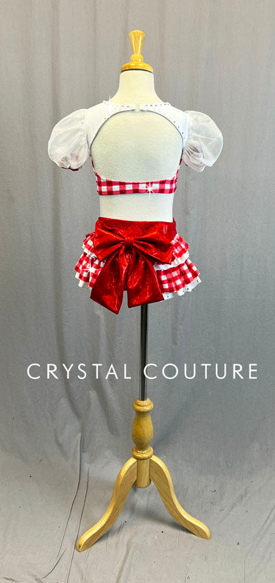 Custom White, Red & Pink Checkered Crop top and Trunk with Attached Skirt - Rhinestones