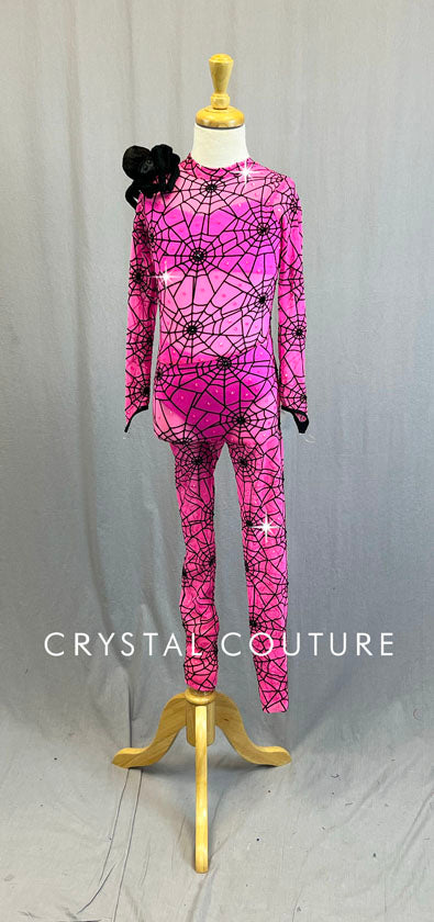 Custom Hot Pink Spider Web Inspired Unitard - Rhinestones