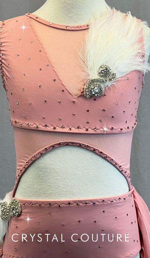 Custom Light Pink Connected Two Piece Leotard with Attached Back Mesh Skirt - Feather Appliques & Rhinestones