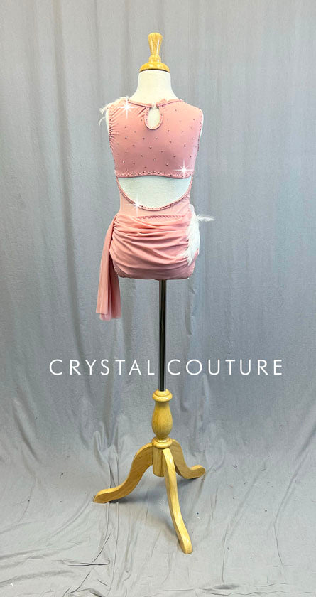 Custom Light Pink Connected Two Piece Leotard with Attached Back Mesh Skirt - Feather Appliques & Rhinestones