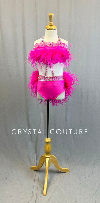 Custom Hot Pink Halter Connected Two Piece w/ Hot Pink Ostrich Feather Bustle - Rhinestones
