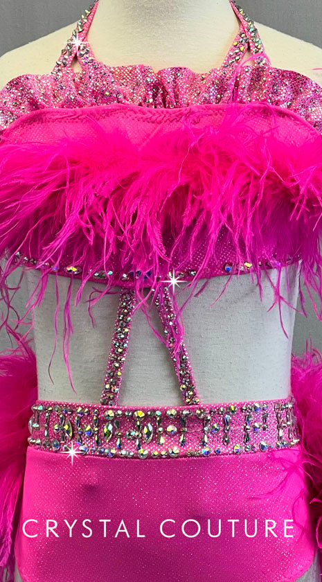 Custom Hot Pink Halter Connected Two Piece w/ Hot Pink Ostrich Feather Bustle - Rhinestones