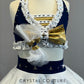 Custom Navy Blue & White Halter Top and Circle Skirt with Gold Details - Rhinestones