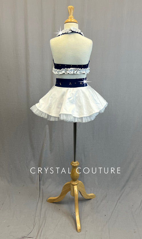 Custom Navy Blue & White Halter Top and Circle Skirt with Gold Details - Rhinestones