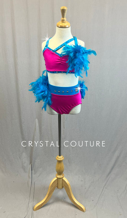 Custom Hot Pink & Blue Two Piece with Feather Bustle - Rhinestones