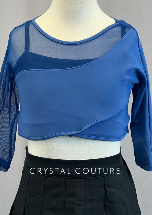 Blue Mesh Top with Black Pleated Skirt