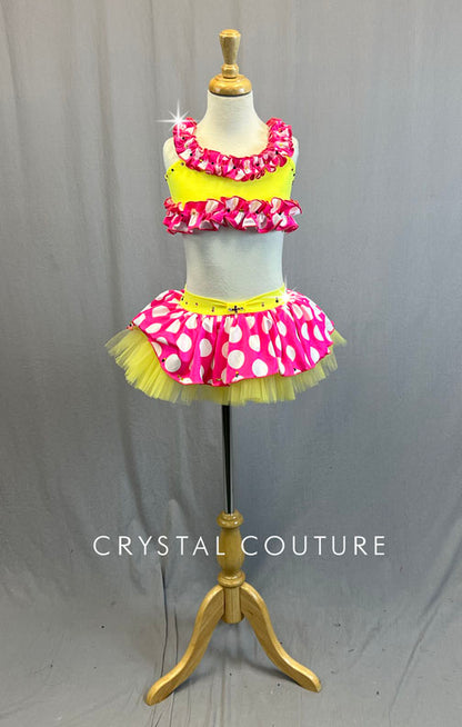 Custom Lemon Yellow & Hot Pink Two Piece with Polka Dots and Crinoline - Rhinestones