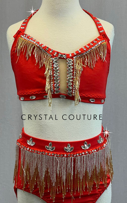 Custom Red Two Piece with Gold Beaded Fringe and Strappy Back - Rhinestones