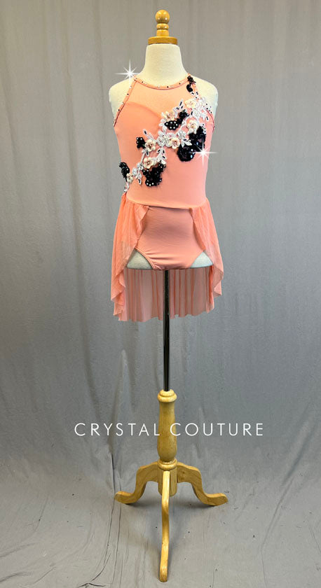Peach Leotard with Back Skirt and Appliques - Rhinestones