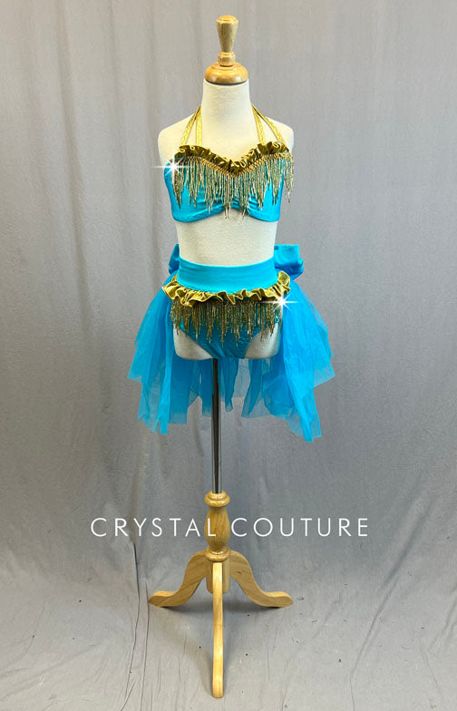Custom Bright Blue Two Piece with Gold Beaded Fringe and Tulle Bustle