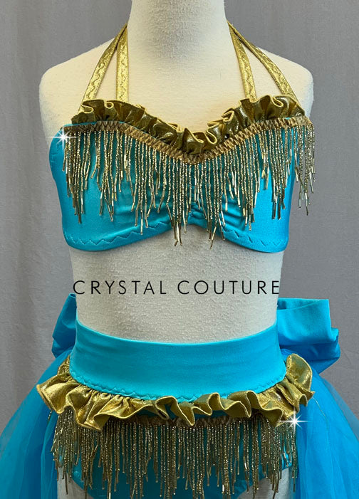 Custom Bright Blue Two Piece with Gold Beaded Fringe and Tulle Bustle
