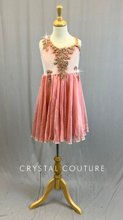 Pink Chiffon and Velvet Dress with Gold Appliques - Rhinestones