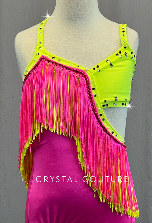 Custom Neon Yellow & Hot Pink Asymmetrical Leotard with Fringe - Rhinestones