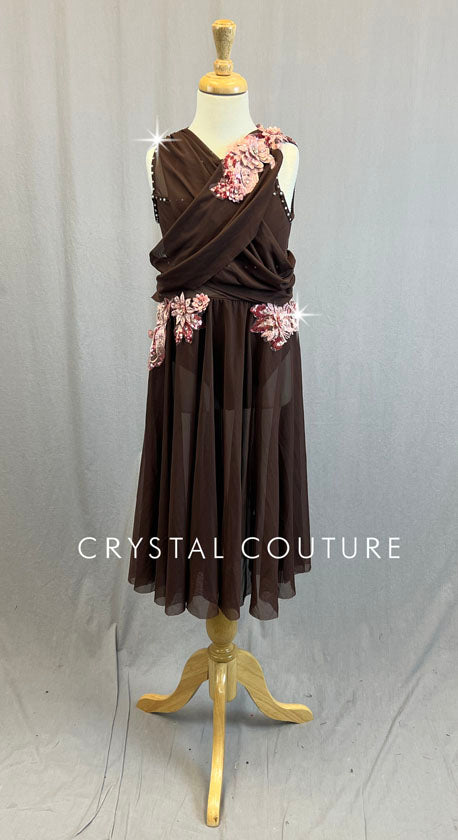 Brown Drape Front Dress with Pink Appliques - Rhinestones