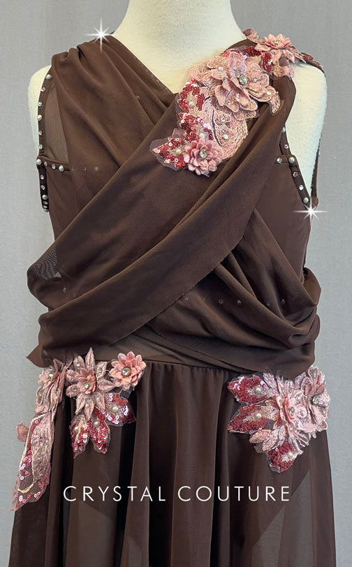 Brown Drape Front Dress with Pink Appliques - Rhinestones