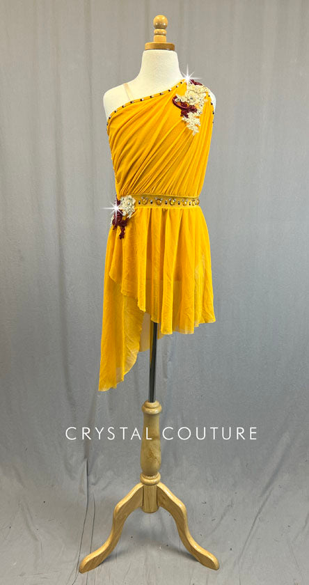Tangerine Ruched Dress with Asymmetrical Skirt and Appliques - Rhinestones