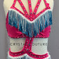 Custom Hot Pink Strappy Connected Two Piece with Blue Beaded Fringe - Rhinestones