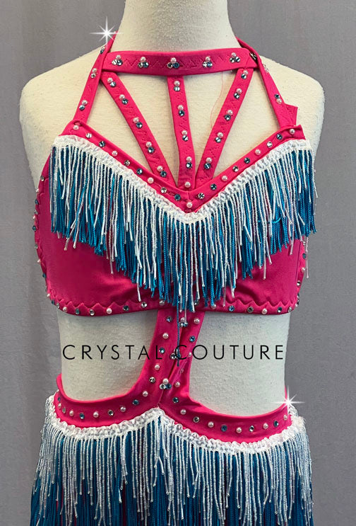 Custom Hot Pink Strappy Connected Two Piece with Blue Beaded Fringe - Rhinestones