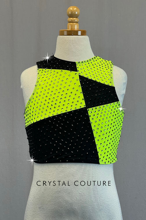 Custom Black & Neon Yellow Asymmetrical Color Block Crop Top - Rhinestones