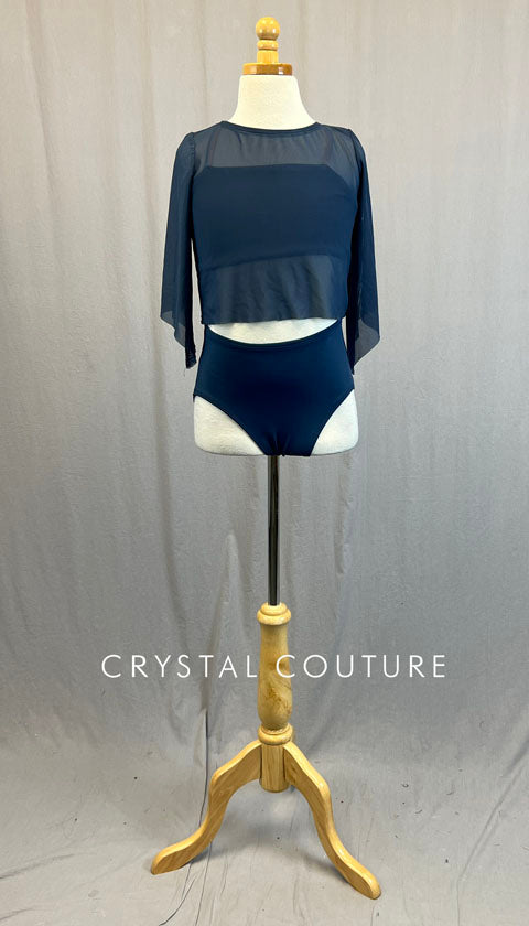 Custom Navy Blue Textured Velvet Strappy Halter Top and Trunks