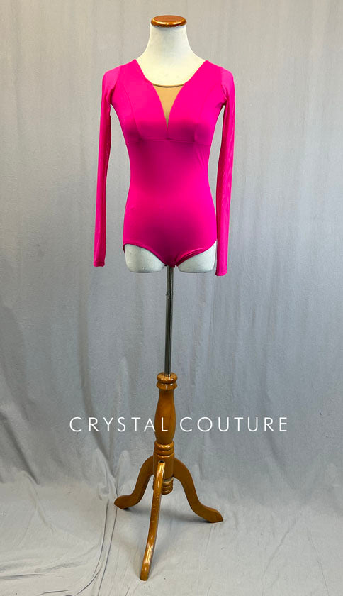 Custom Hot Pink Leotard with Long Mesh Sleeves – Crystal Couture
