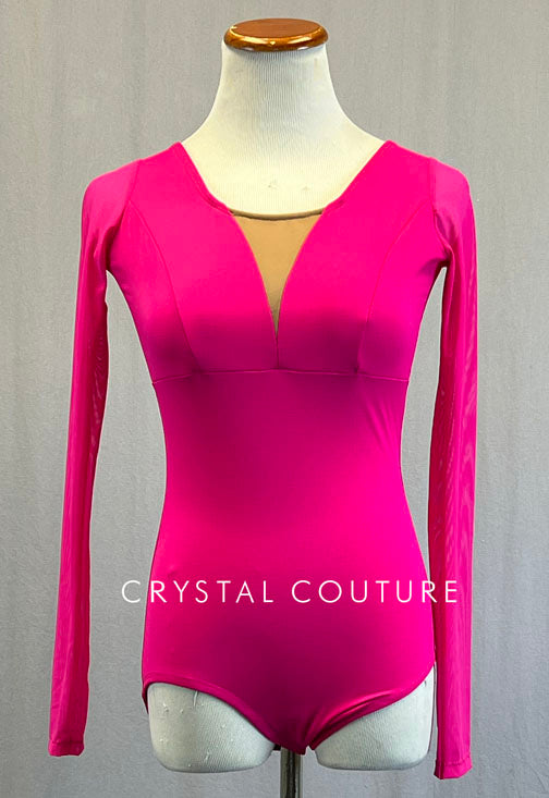 Custom Hot Pink Leotard with Long Mesh Sleeves – Crystal Couture
