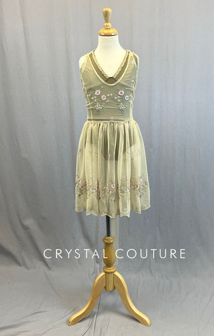 Custom Ivory Floral Embroidered Mesh Dress with Taupe Leotard