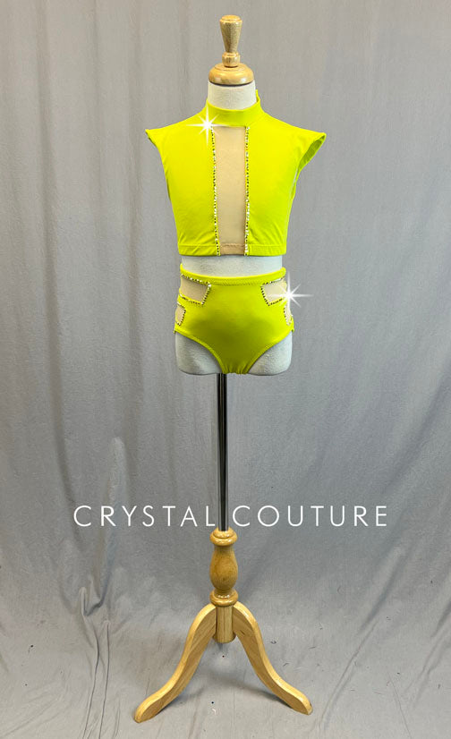 Custom Neon Yellow Two Piece with Mesh Cutouts and Structured Cap Sleeves - Rhinestones