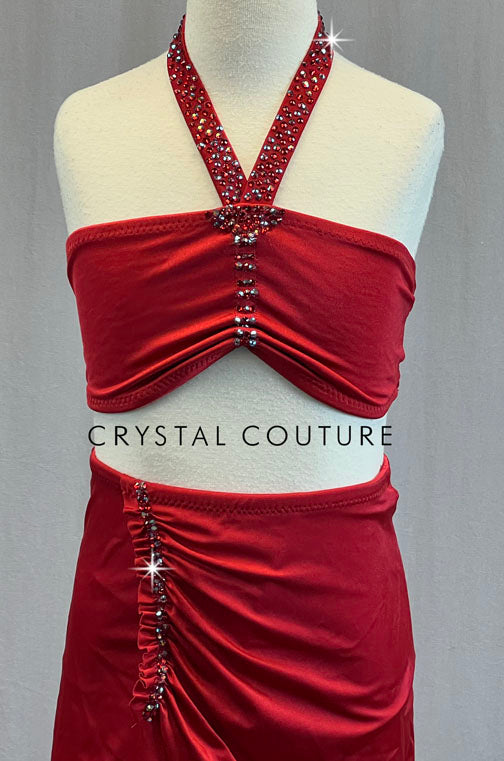 Custom Red Halter Top Two Piece with Wrap Skirt - Rhinestones