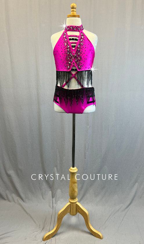 Custom Bright Pink Strappy Connected Two Piece with Black Beaded Fringe - Rhinestones