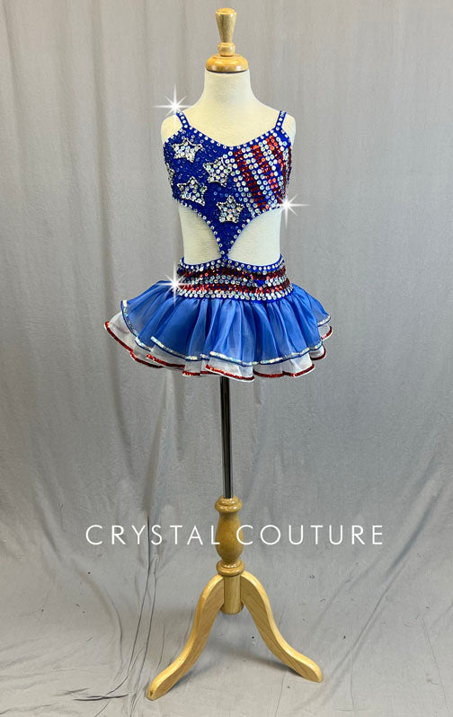 Red, White & Blue Connected Two Piece with Layered Skirt - Rhinestones