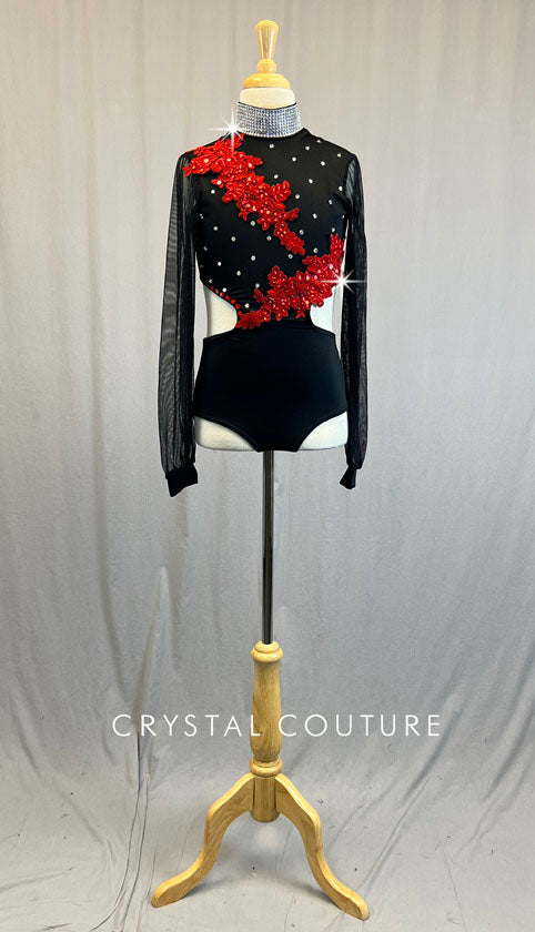 Black Peasant Sleeve Leotard with Mesh and Red Appliques - Rhinestones