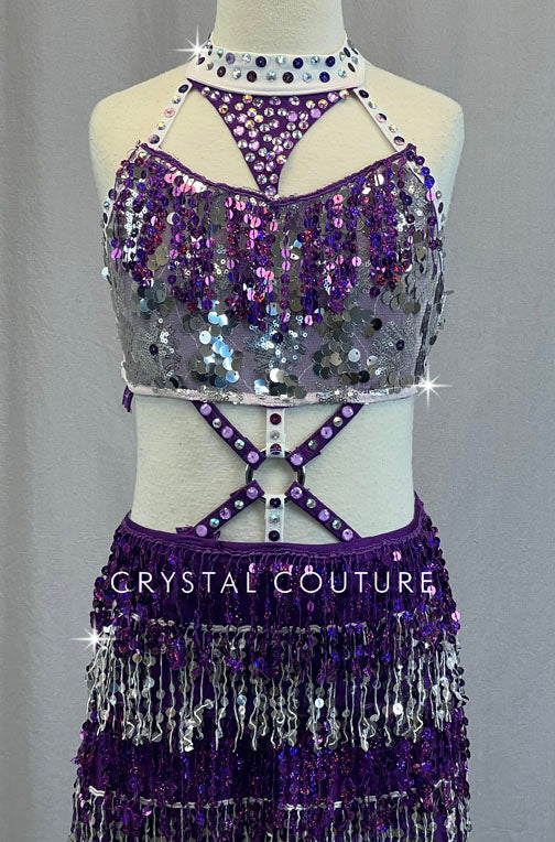 Purple & Silver Strappy Two Piece with Fringe Skirt - Rhinestones