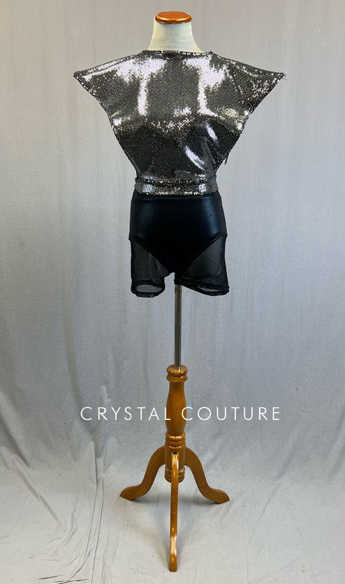 Silver Holographic Sequin Top with Structured Shoulders and Mesh Bike Shorts
