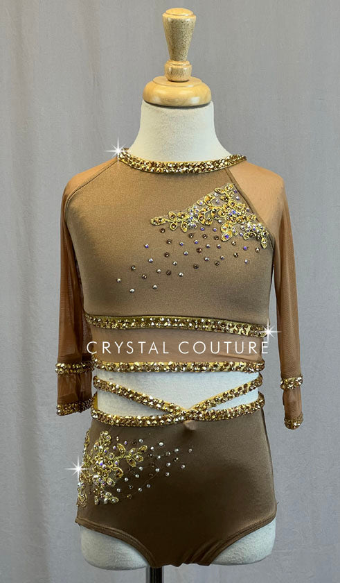 Bronze Shimmer Two Piece with Mesh Sleeves and Appliques - Rhinestones