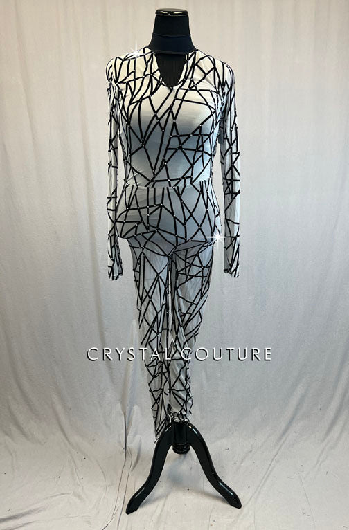 Grey Mesh Unitard with Black Velvet Geometric Pattern - Rhinestones