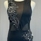 Black Open Back Leotard with Mesh Cutouts and Appliques - Rhinestones