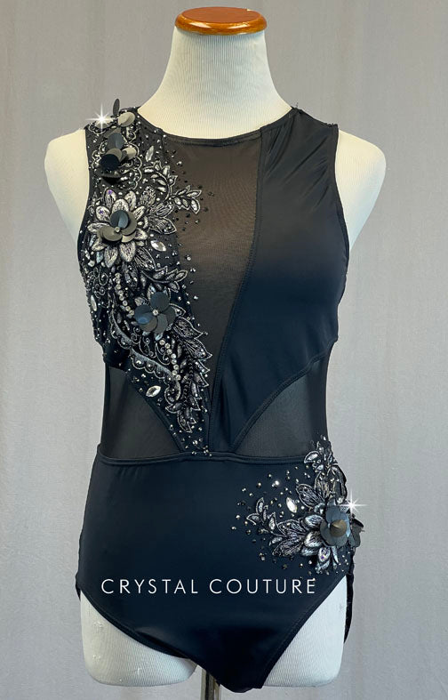 Black Open Back Leotard with Mesh Cutouts and Appliques - Rhinestones