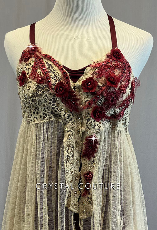 Ivory Dotted Lace Overlay Dress with Burgundy Appliques - Rhinestones
