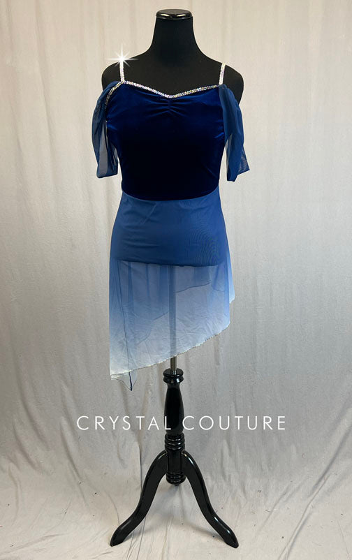 Dark Blue Velvet Leotard with Off Shoulder Sleeves and Ombre Skirt - Rhinestones