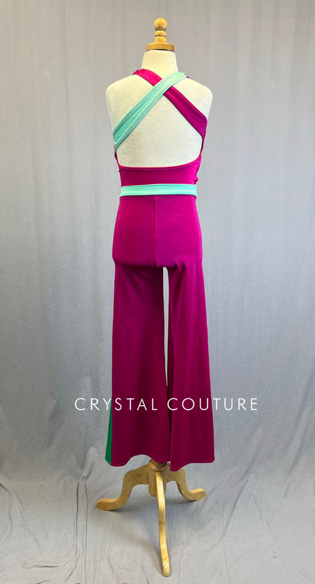 Magenta Wide Leg Jumpsuit with Green Stripe Details