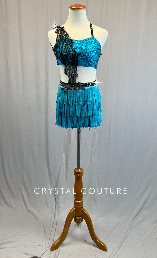 Bright Blue Top and Fringe Skirt with Black Lace - Rhinestones