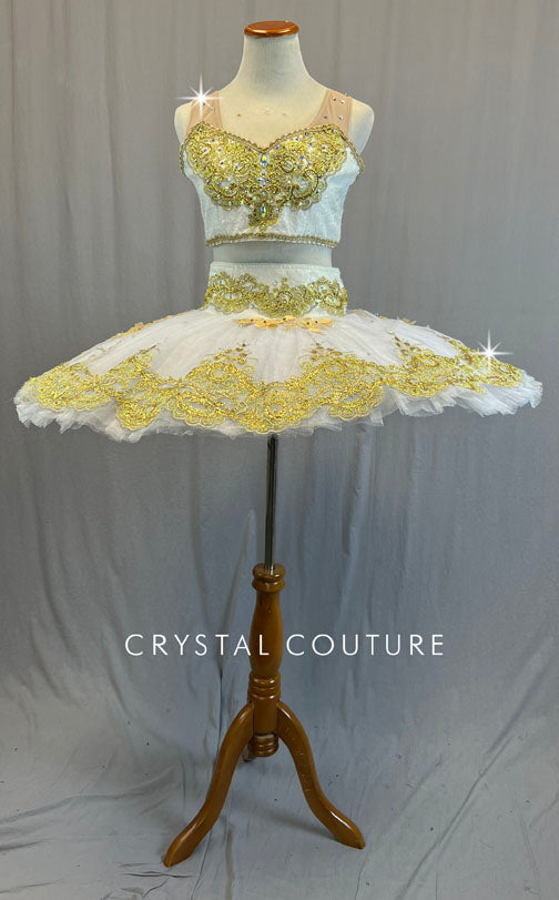 Custom Ivory and Gold Two Piece Top and Platter Tutu with Appliques - Rhinestones