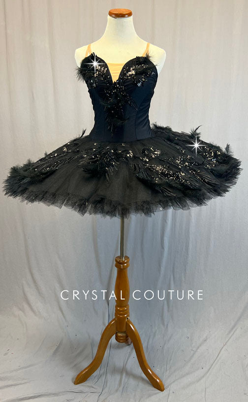 Custom Black Platter Tutu with Sequined Appliques and Feathers - Rhinestones